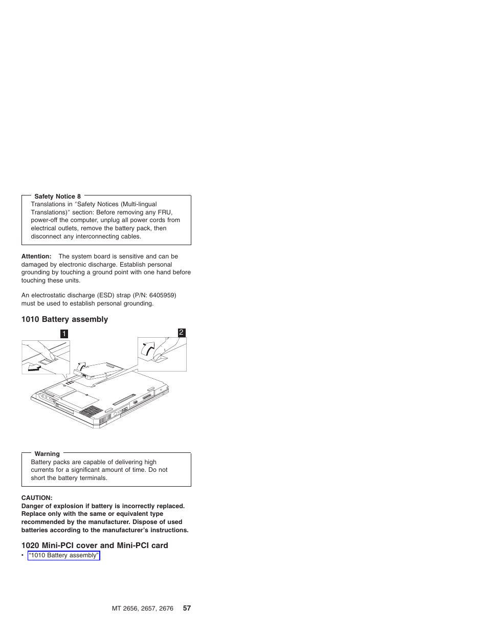 1010 battery assembly, 1020 mini-pci cover and mini-pci card | IBM R31 User Manual | Page 63 / 235