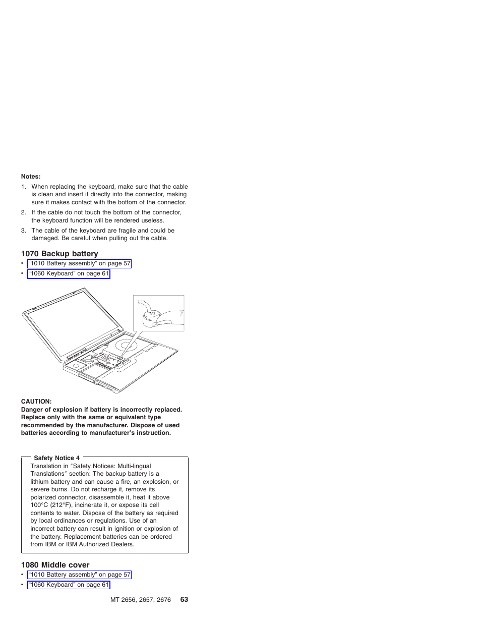 1070 backup battery, 1080 middle cover | IBM R31 User Manual | Page 69 / 235