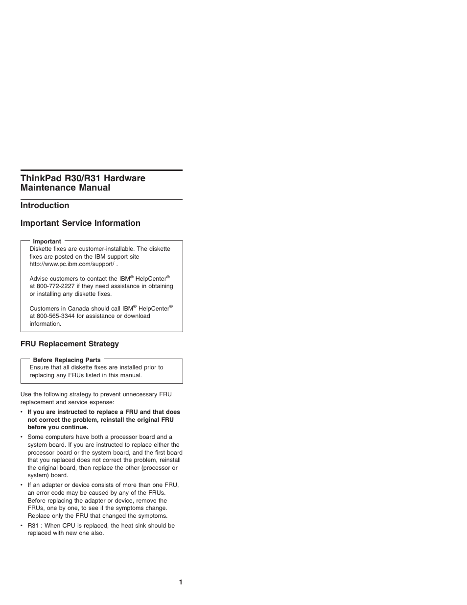 Thinkpad r30/r31 hardware maintenance manual, Introduction, Important service information | Fru replacement strategy, Introduction important service information | IBM R31 User Manual | Page 7 / 235