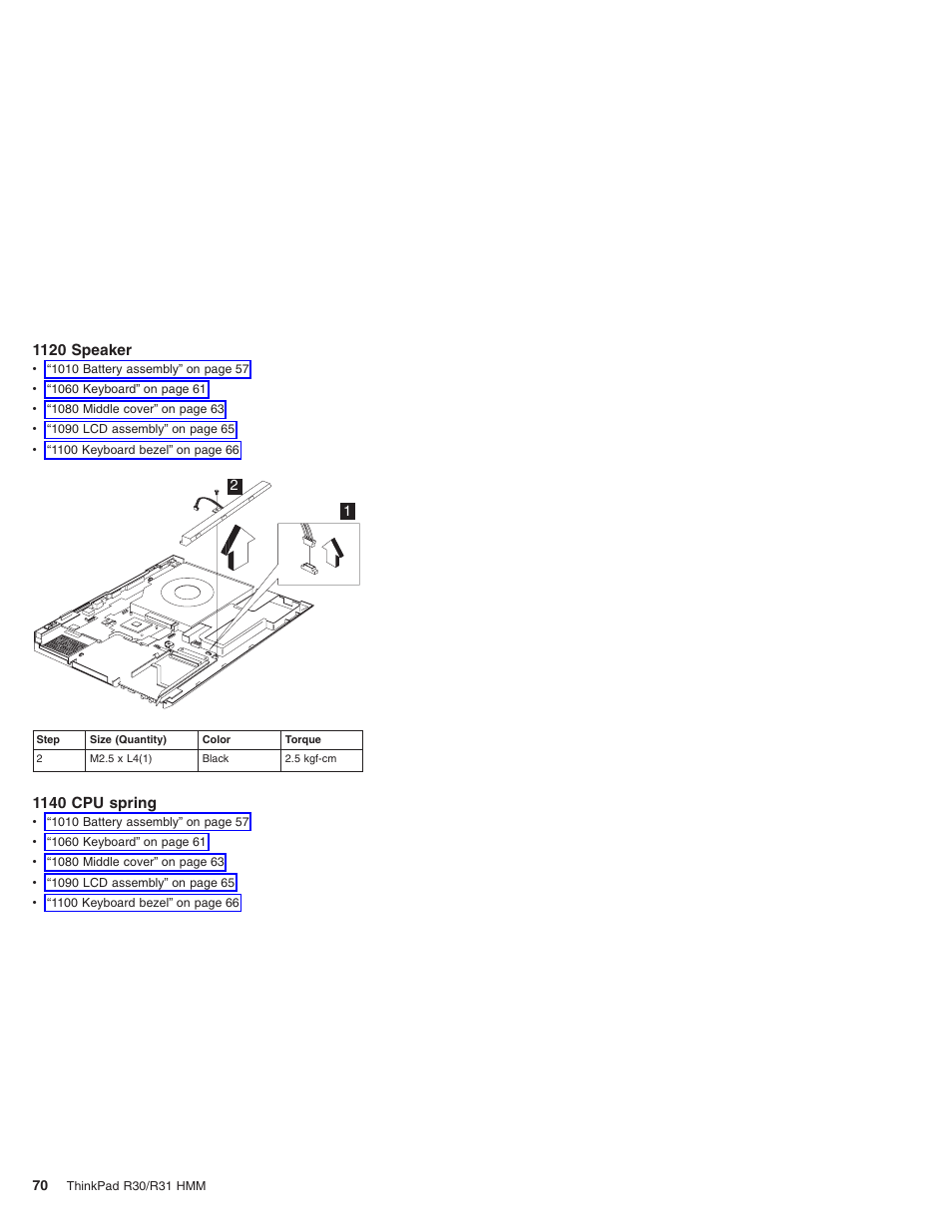 1120 speaker, 1140 cpu spring | IBM R31 User Manual | Page 76 / 235