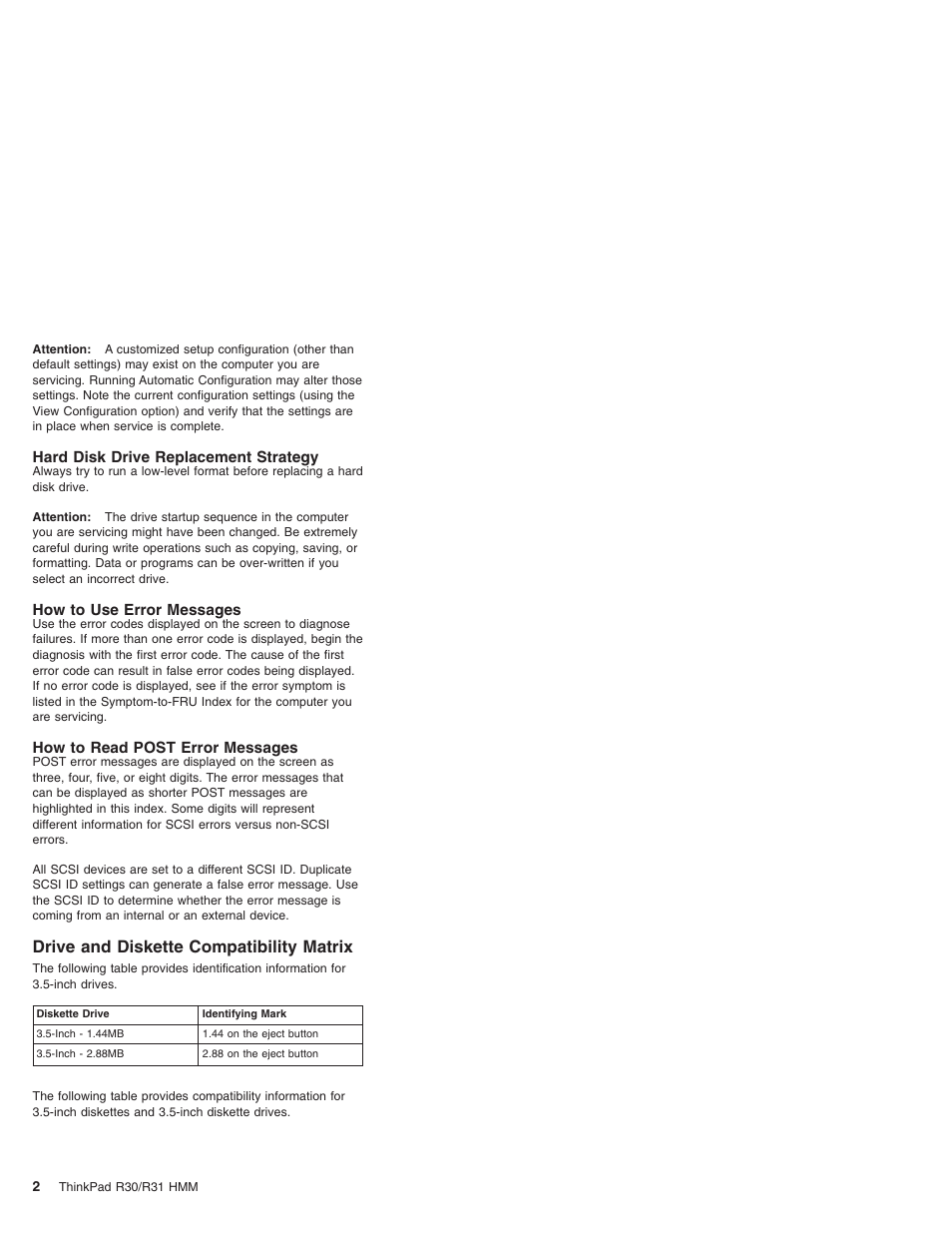 Hard disk drive replacement strategy, How to use error messages, How to read post error messages | Drive and diskette compatibility matrix | IBM R31 User Manual | Page 8 / 235