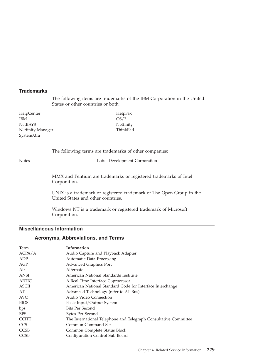 Trademarks, Miscellaneous information, Acronyms, abbreviations, and terms | IBM 6648 User Manual | Page 243 / 248
