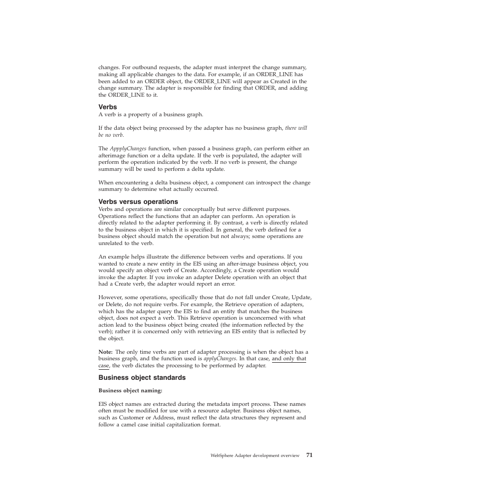 Verbs, Verbs versus operations, Business object standards | IBM WebSphere Adapters User Manual | Page 77 / 226