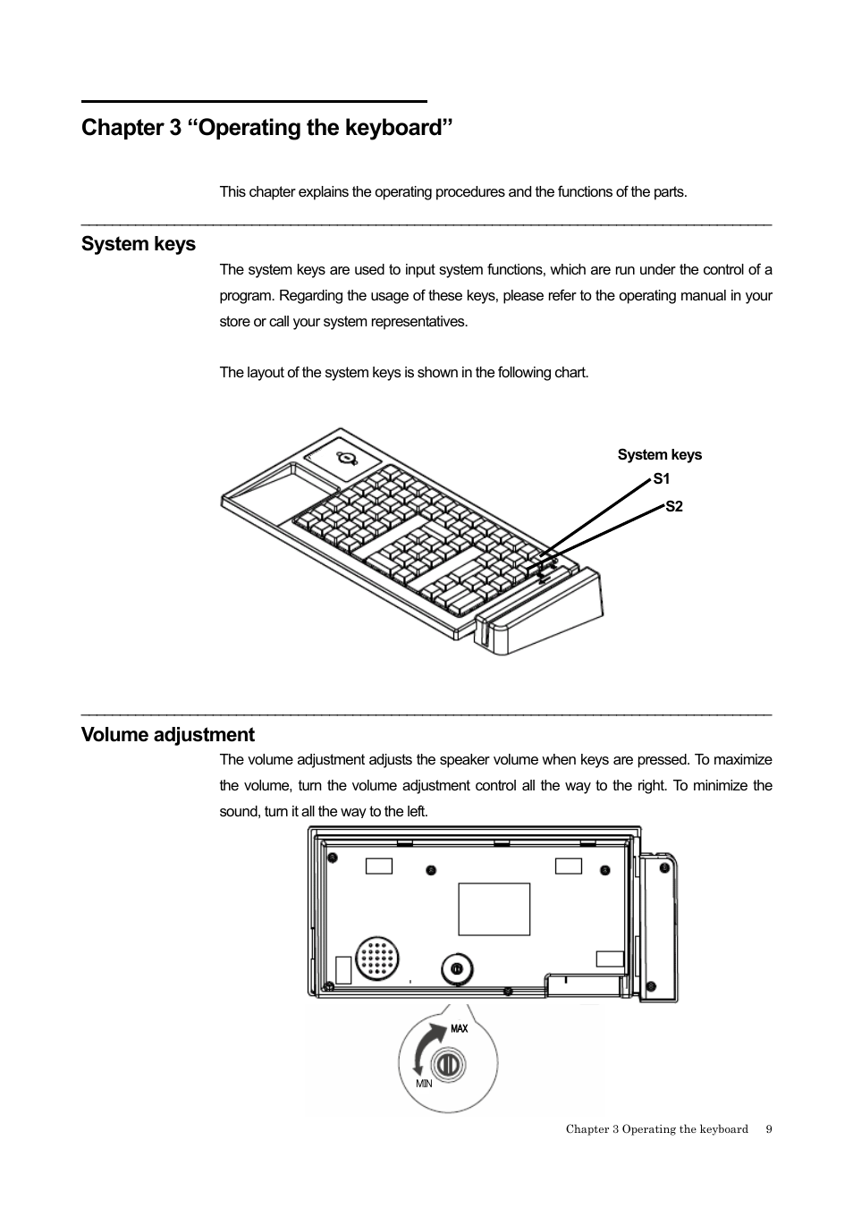 Chapter 3 “operating the keyboard, System keys, Volume adjustment | IBM 4685-K03 User Manual | Page 25 / 50