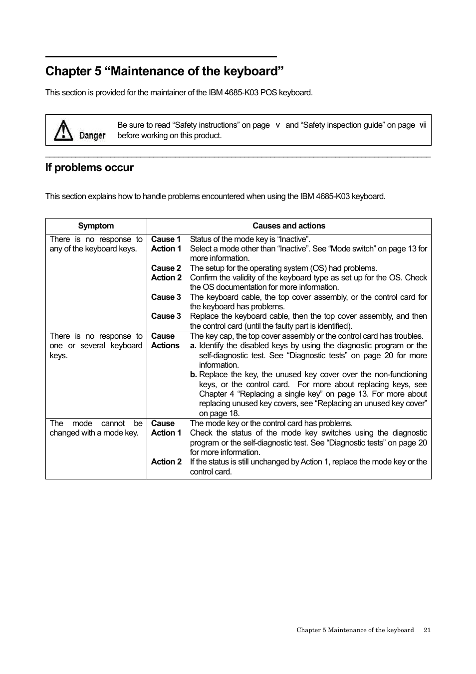 Chapter 5 “maintenance of the keyboard, If problems occur | IBM 4685-K03 User Manual | Page 37 / 50