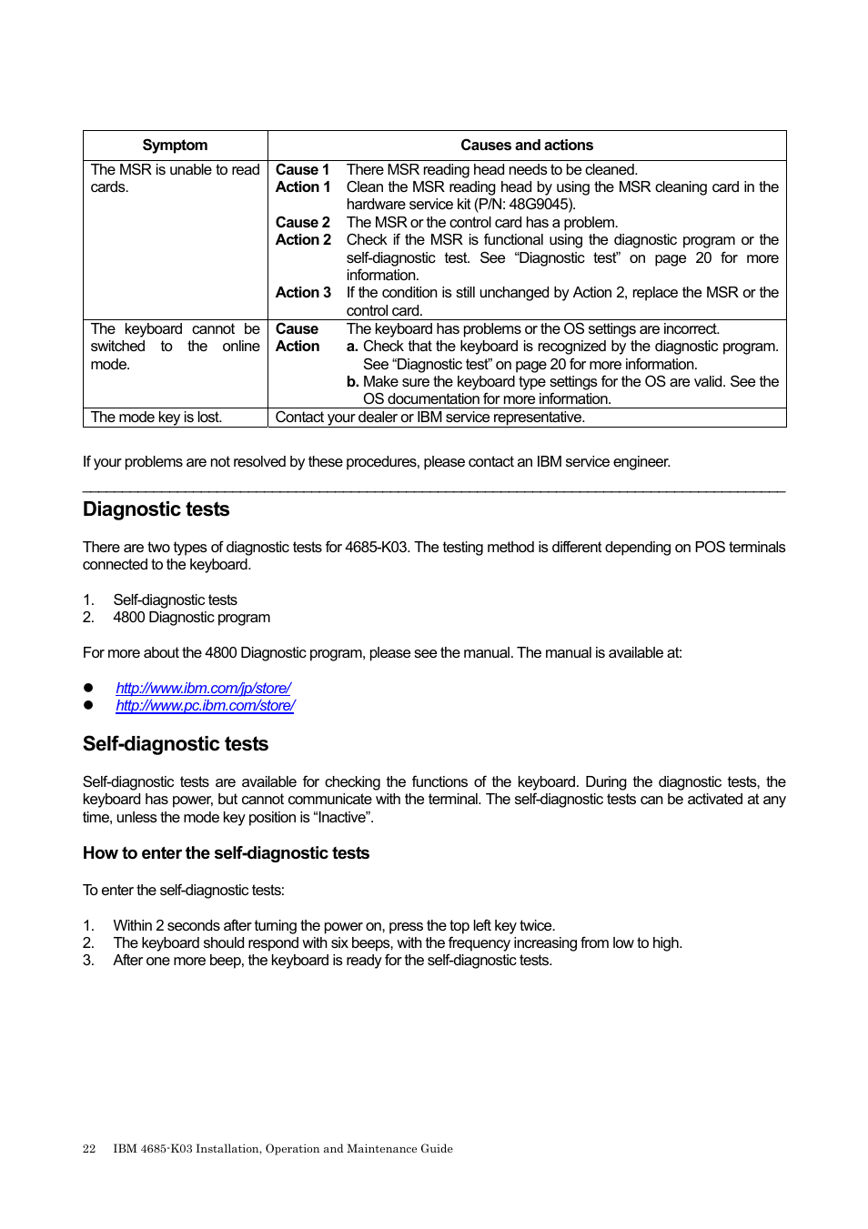 Diagnostic tests, Self-diagnostic tests | IBM 4685-K03 User Manual | Page 38 / 50