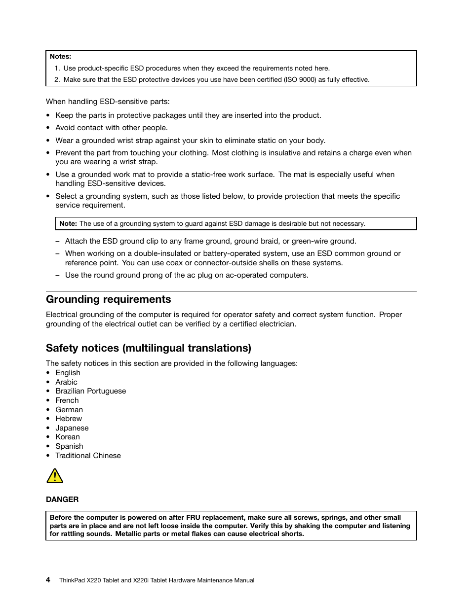 Grounding requirements, Safety notices (multilingual translations) | IBM X220 User Manual | Page 10 / 146