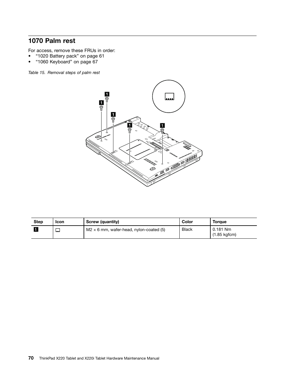 1070 palm rest | IBM X220 User Manual | Page 76 / 146
