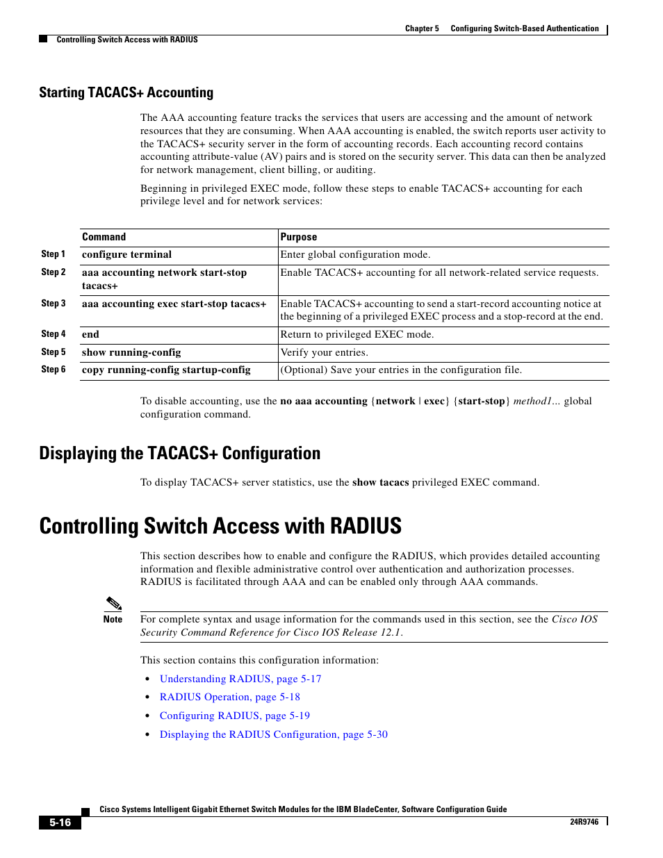 Starting tacacs+ accounting, Displaying the tacacs+ configuration, Controlling switch access with radius | IBM 12.1(22)EA6 User Manual | Page 96 / 550