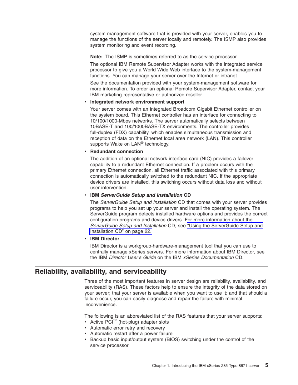 Reliability, availability, and serviceability, Reliability, Availability | Serviceability | IBM xSeries 235 User Manual | Page 17 / 66