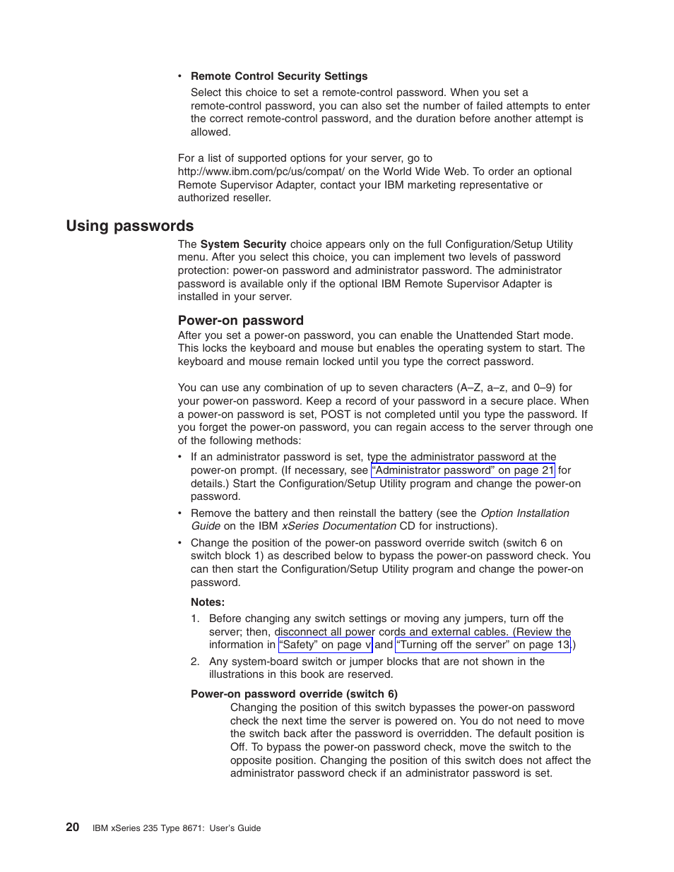 Using passwords, Power-on password, Using | Passwords, Power-on, Password | IBM xSeries 235 User Manual | Page 32 / 66