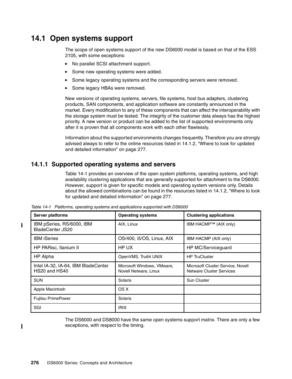 1 open systems support, 1 supported operating systems and servers | IBM TotalStorage DS6000 Series User Manual | Page 300 / 406