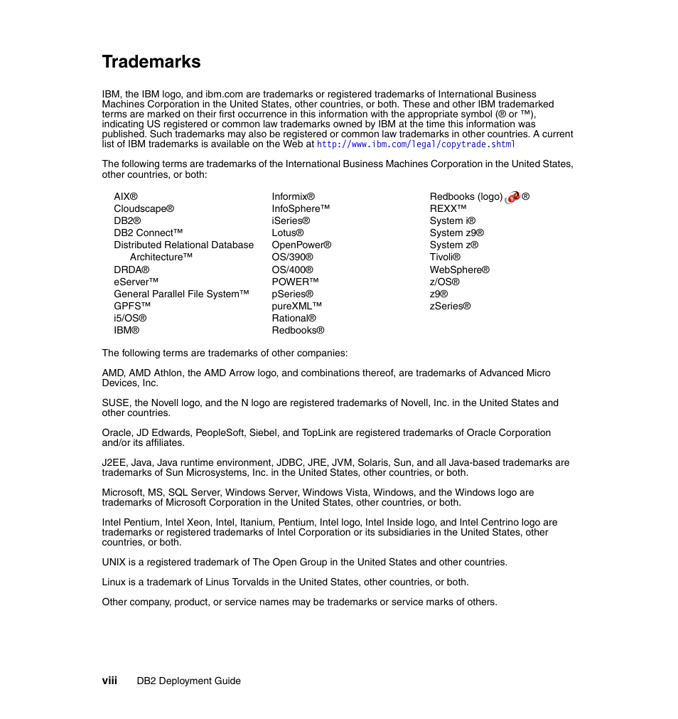 Trademarks | IBM Data Server DB2 User Manual | Page 10 / 298