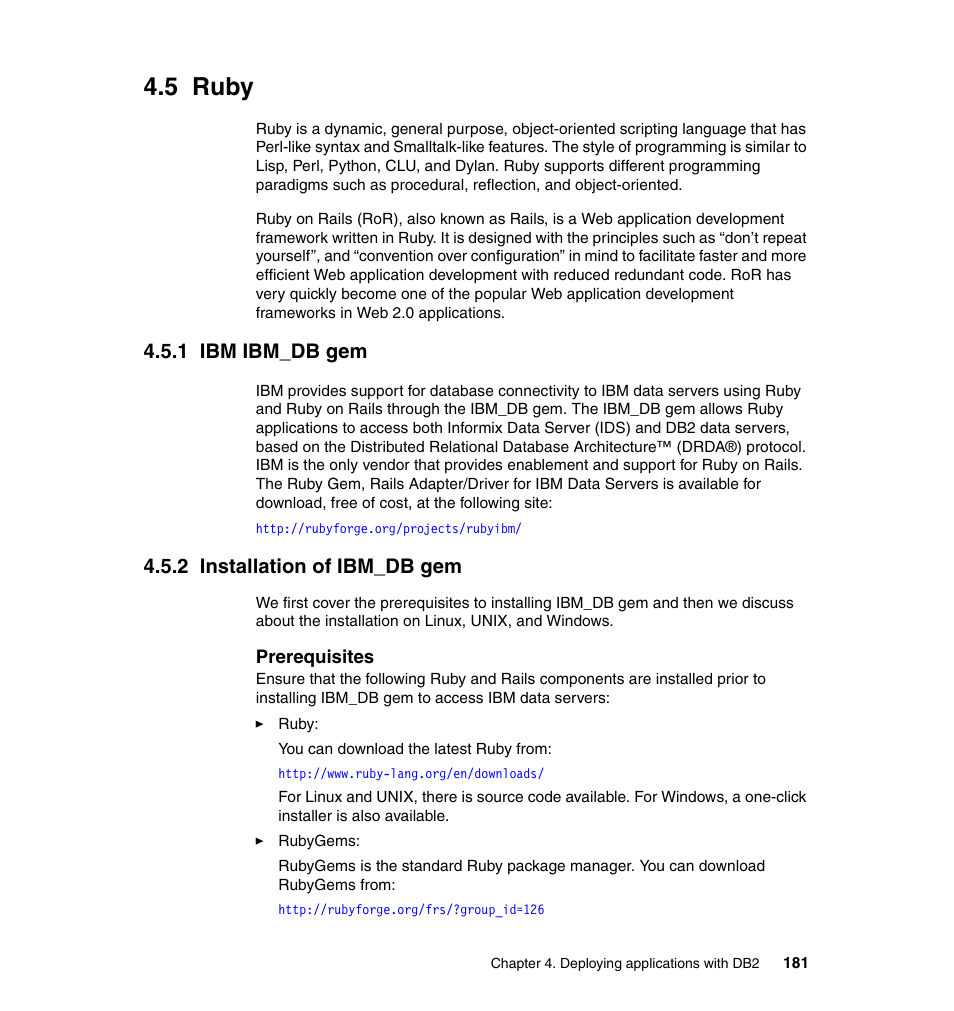 5 ruby, 1 ibm ibm_db gem, 2 installation of ibm_db gem | 1 ibm ibm_db gem 4.5.2 installation of ibm_db gem | IBM Data Server DB2 User Manual | Page 195 / 298