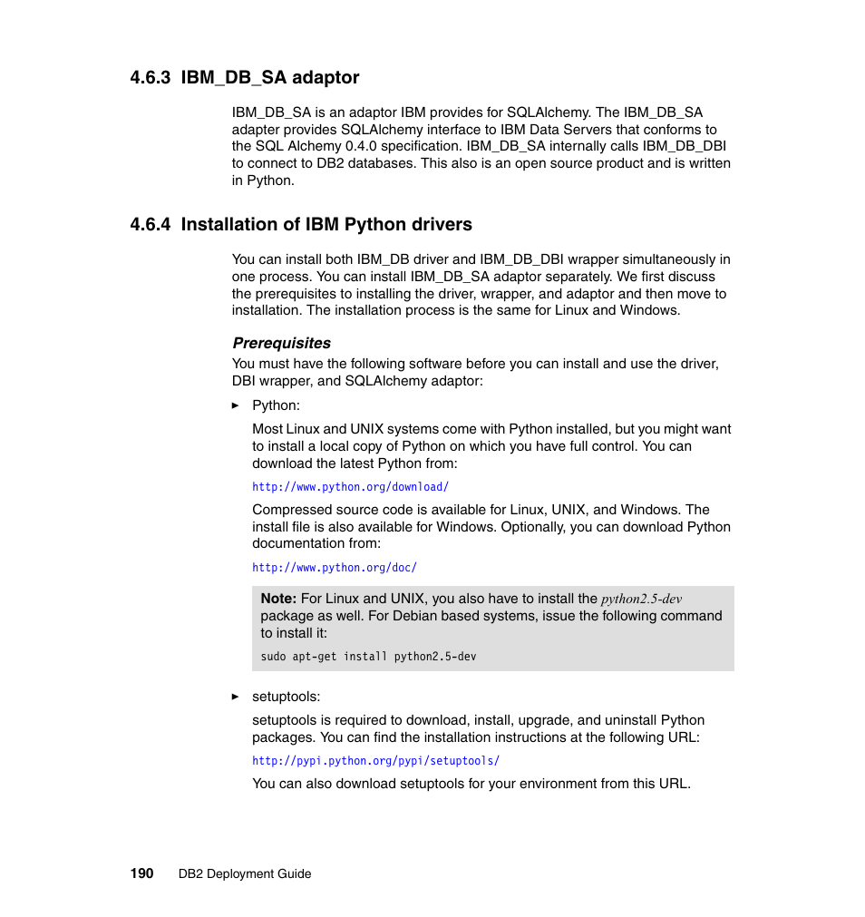 3 ibm_db_sa adaptor, 4 installation of ibm python drivers | IBM Data Server DB2 User Manual | Page 204 / 298