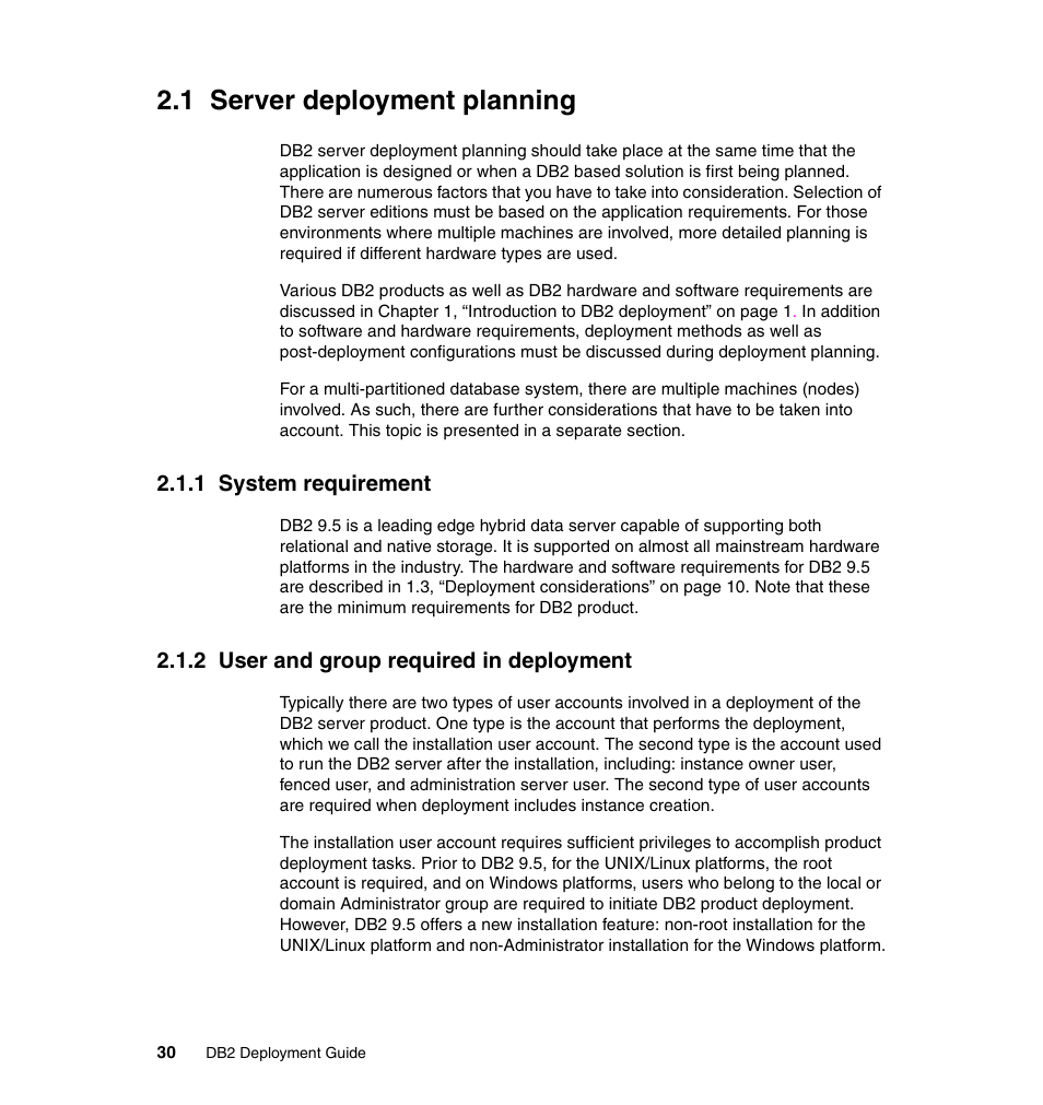 1 server deployment planning, 1 system requirement, 2 user and group required in deployment | IBM Data Server DB2 User Manual | Page 44 / 298