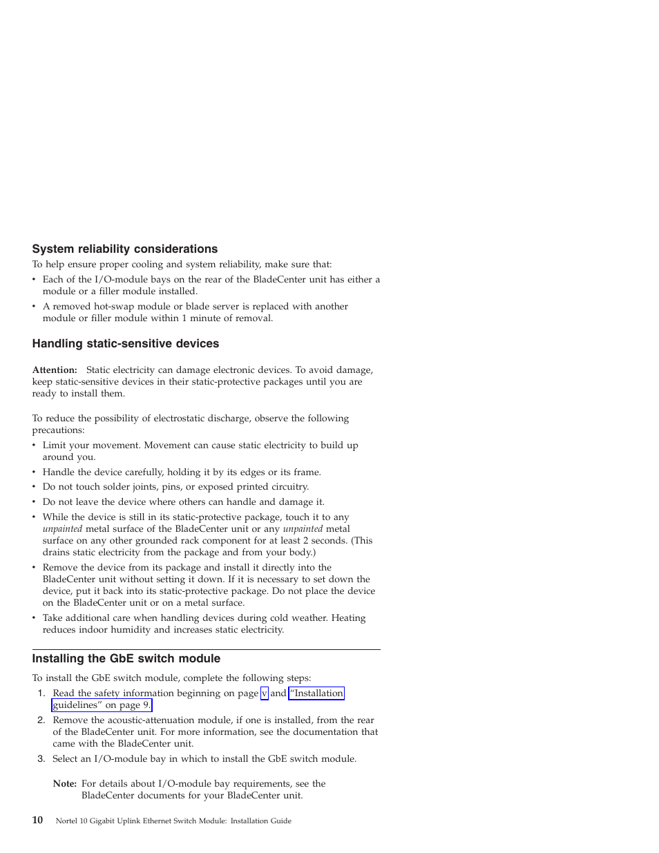 System reliability considerations, Handling static-sensitive devices, Installing the gbe switch module | System, Reliability, Considerations, Handling, Static-sensitive, Devices, Installing | IBM Nortel 10 User Manual | Page 20 / 90
