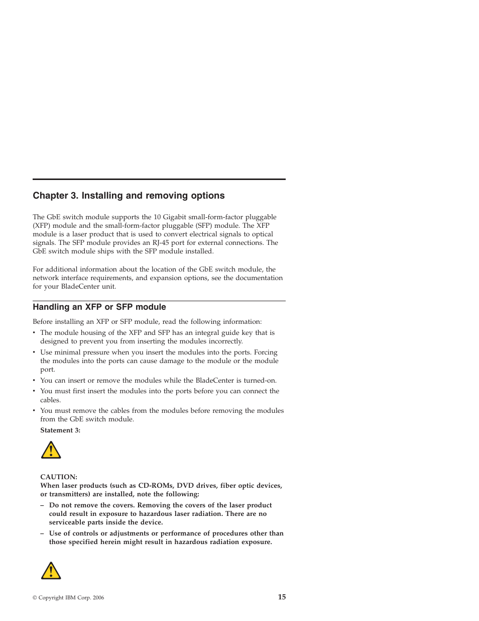 Chapter 3. installing and removing options, Handling an xfp or sfp module, Chapter | Installing, Removing, Options, Handling, Module | IBM Nortel 10 User Manual | Page 25 / 90