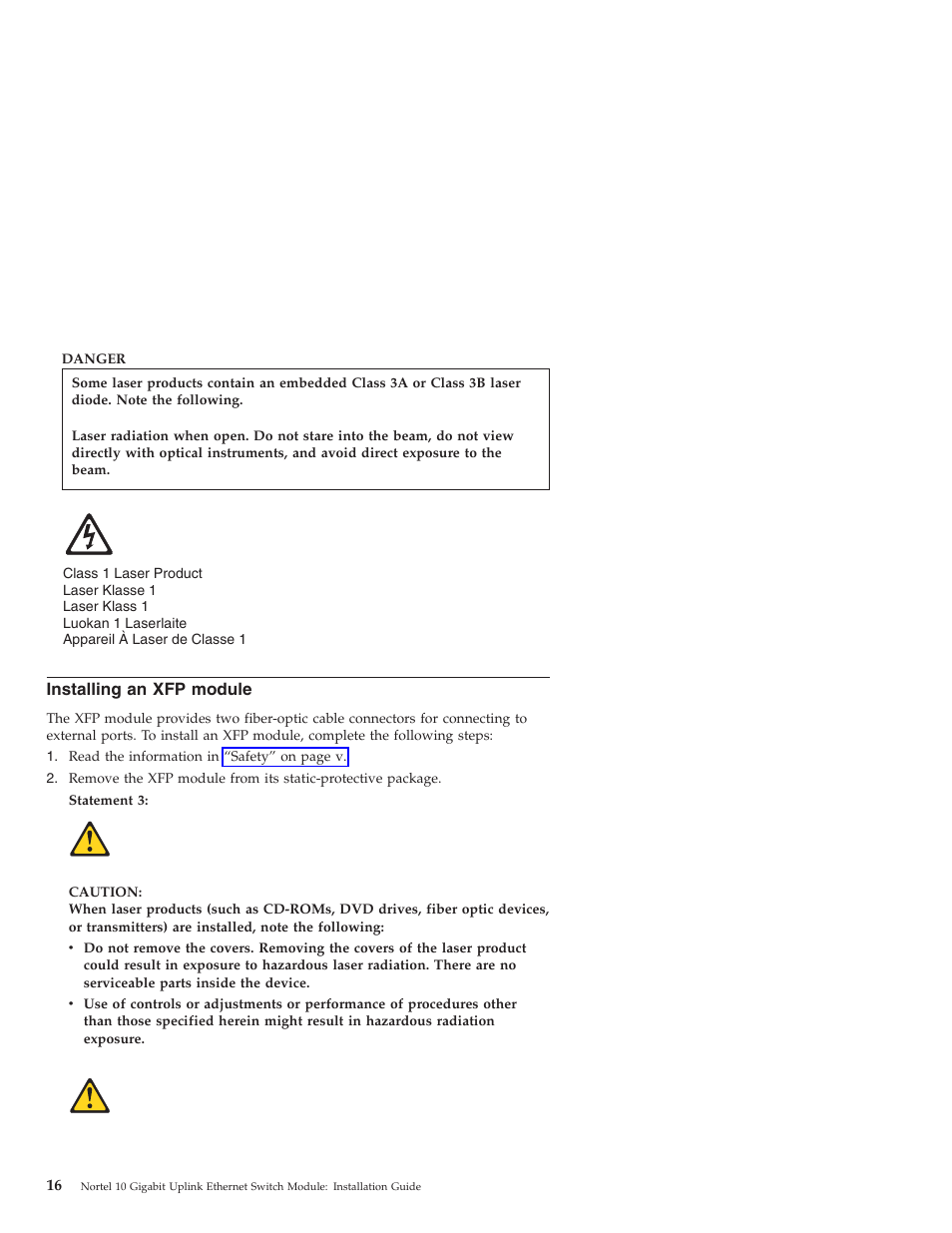 Installing an xfp module, Installing, Module | IBM Nortel 10 User Manual | Page 26 / 90