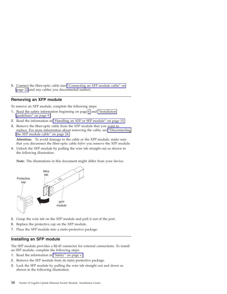 Removing an xfp module, Installing an sfp module, Removing | Module, Installing | IBM Nortel 10 User Manual | Page 28 / 90