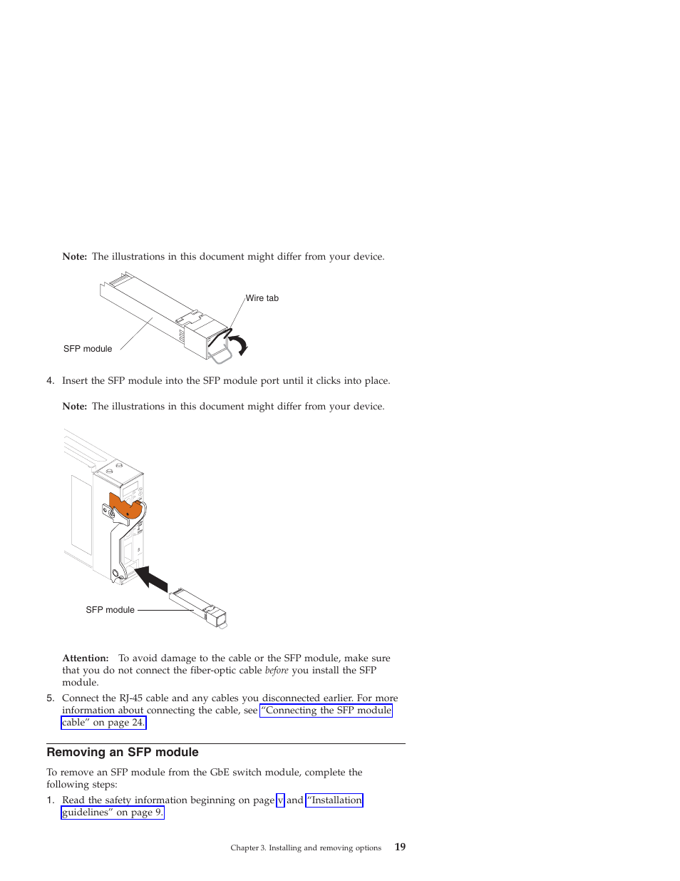 Removing an sfp module, Removing, Module | IBM Nortel 10 User Manual | Page 29 / 90
