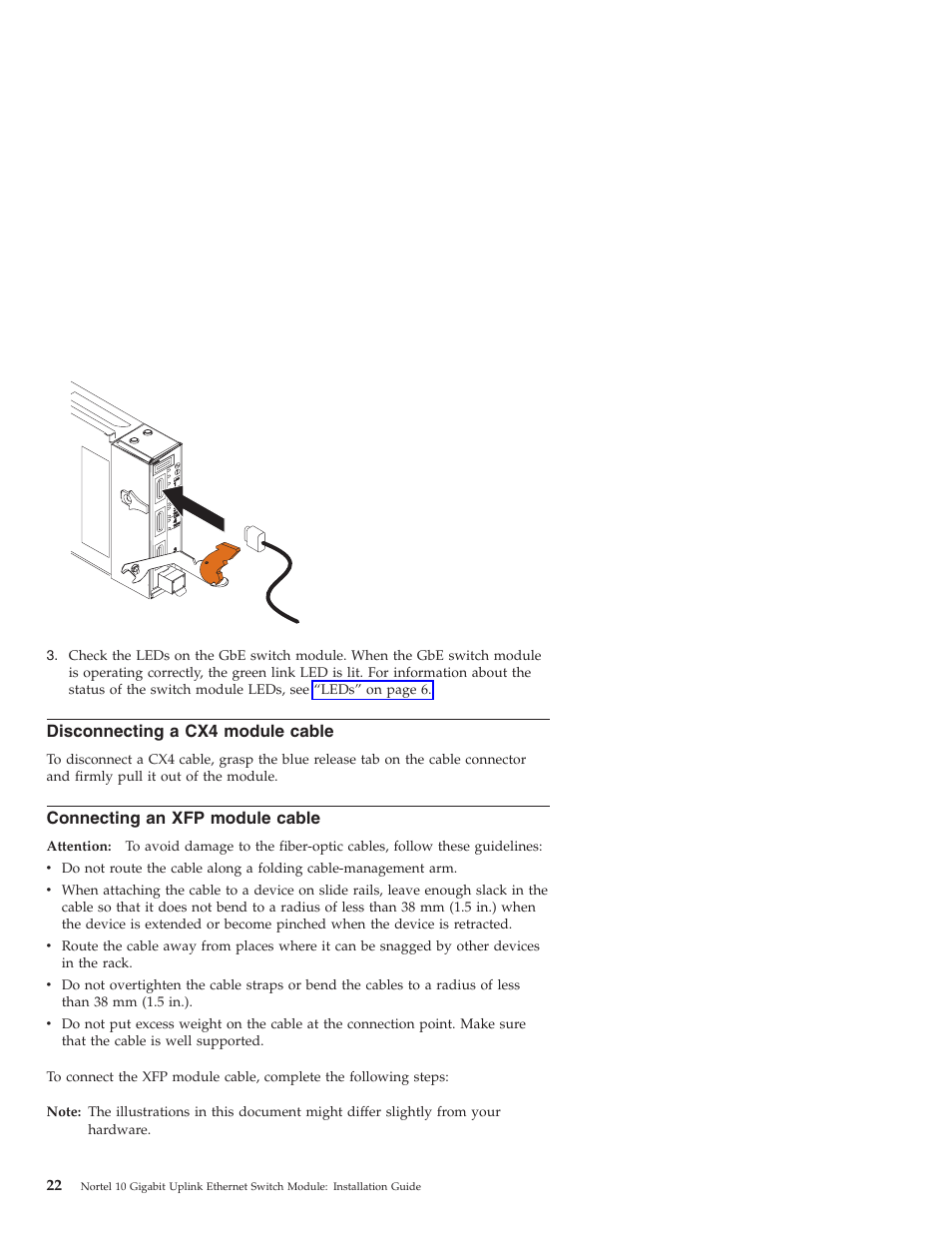 Disconnecting a cx4 module cable, Connecting an xfp module cable, Disconnecting | Module, Cable, Connecting | IBM Nortel 10 User Manual | Page 32 / 90