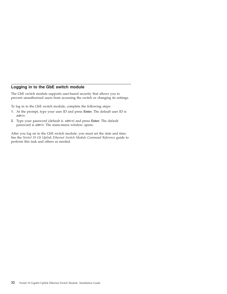 Logging in to the gbe switch module, Logging, Switch | Module | IBM Nortel 10 User Manual | Page 42 / 90