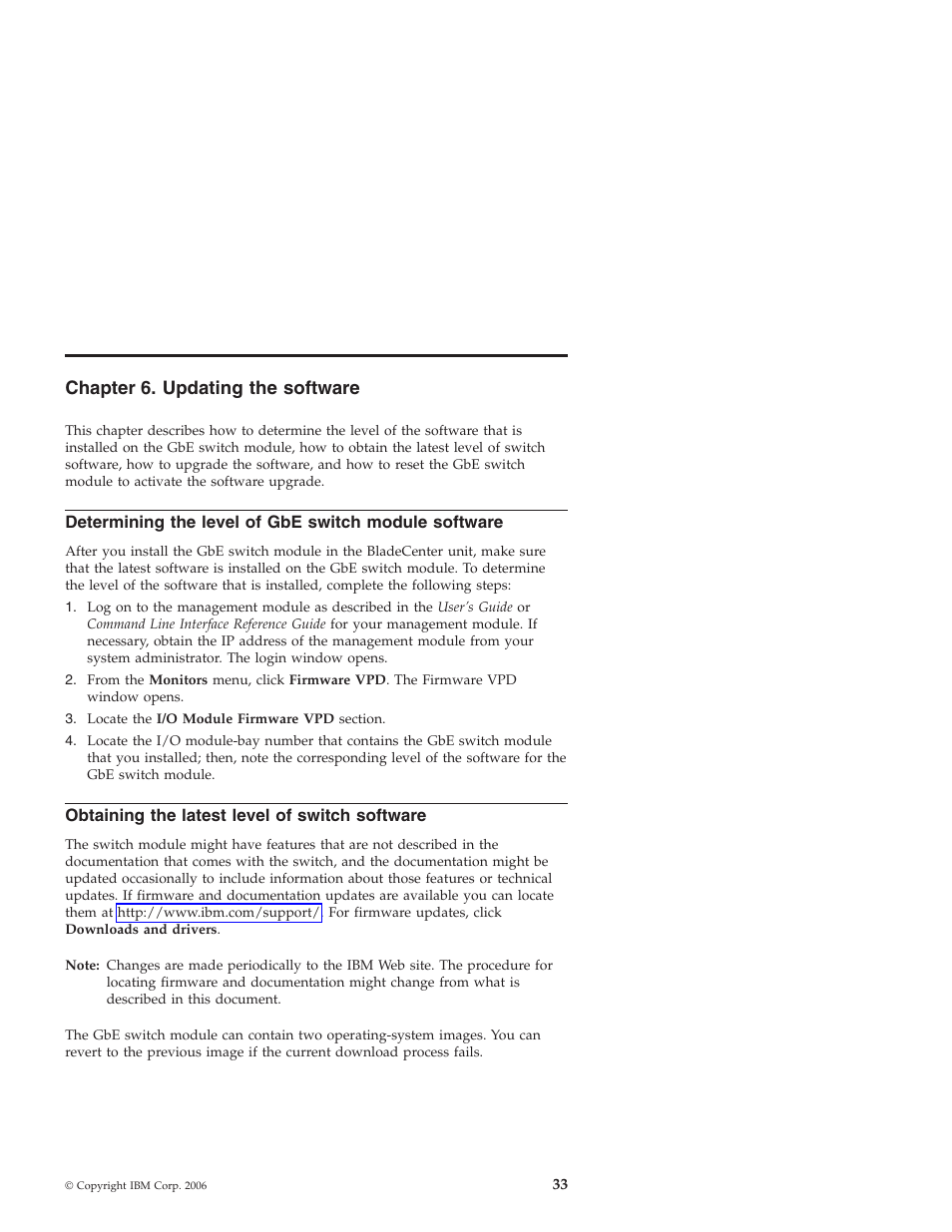 Chapter 6. updating the software, Obtaining the latest level of switch software, Chapter | Updating, Software, Determining, Level, Switch, Module, Obtaining | IBM Nortel 10 User Manual | Page 43 / 90