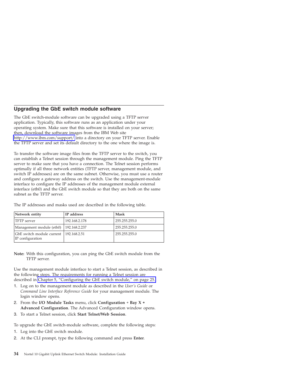Upgrading the gbe switch module software, Upgrading, Switch | Module, Software | IBM Nortel 10 User Manual | Page 44 / 90