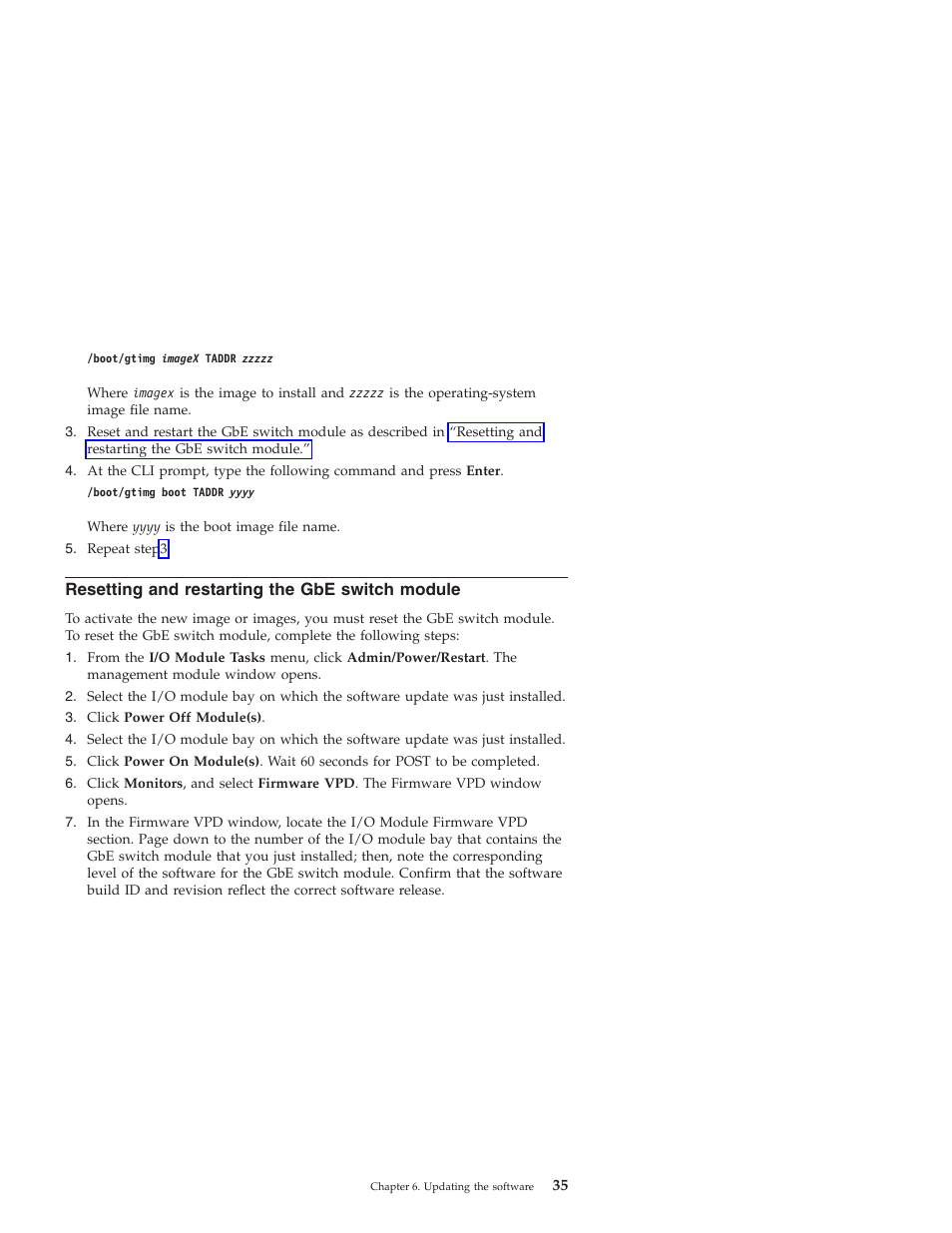 Resetting and restarting the gbe switch module, Resetting, Restarting | Switch, Module | IBM Nortel 10 User Manual | Page 45 / 90