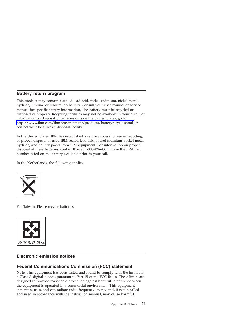 Battery return program, Electronic emission notices, Federal communications commission (fcc) statement | Battery, Return, Program, Electronic, Emission, Notices, Federal | IBM Nortel 10 User Manual | Page 81 / 90