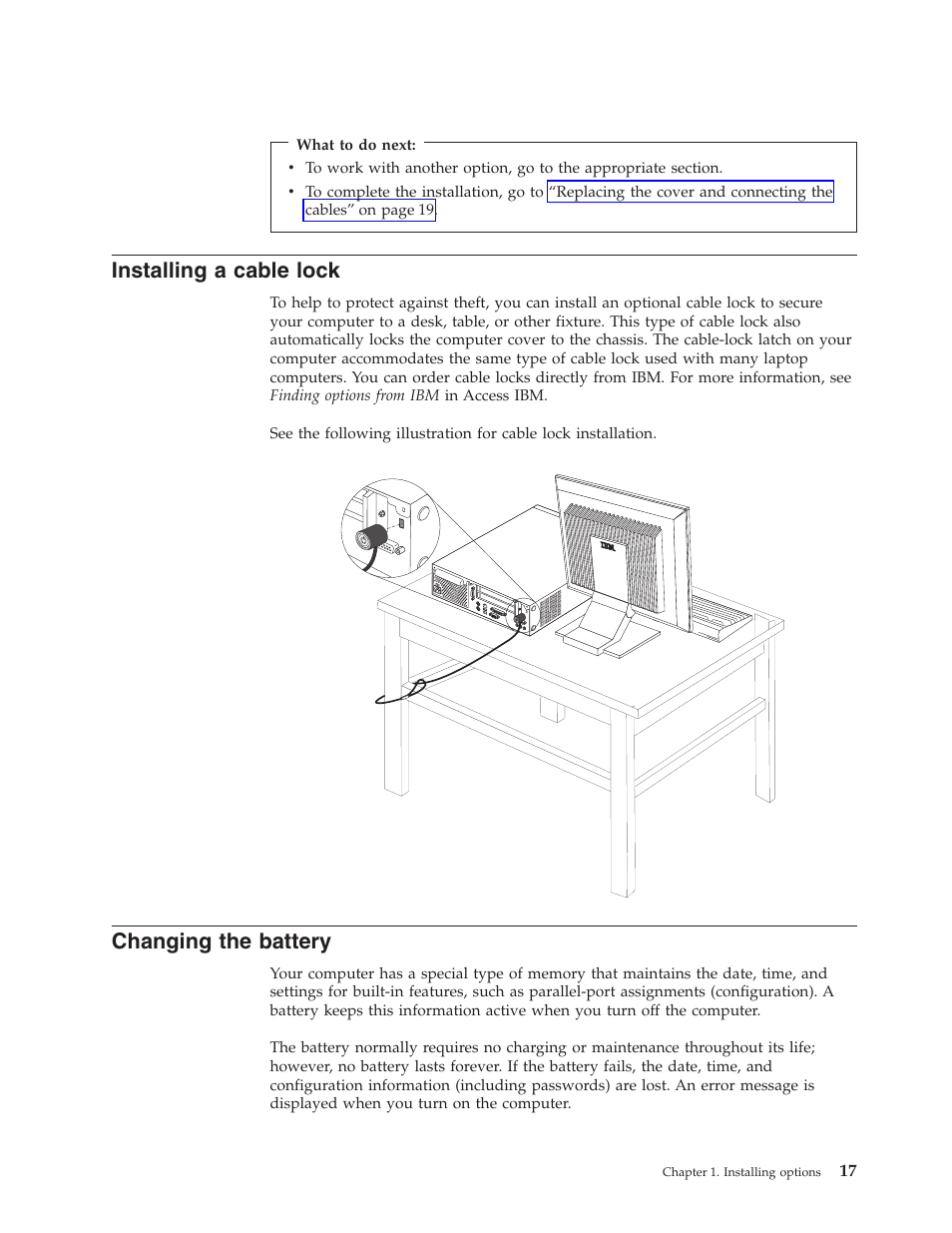 Installing a cable lock, Changing the battery | IBM NETVISTA 8318 User Manual | Page 29 / 52