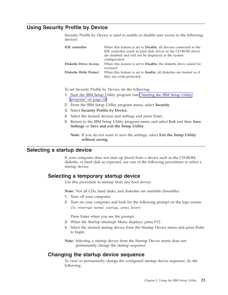 Using security profile by device, Selecting a startup device, Selecting a temporary startup device | Changing the startup device sequence | IBM NETVISTA 8318 User Manual | Page 35 / 52