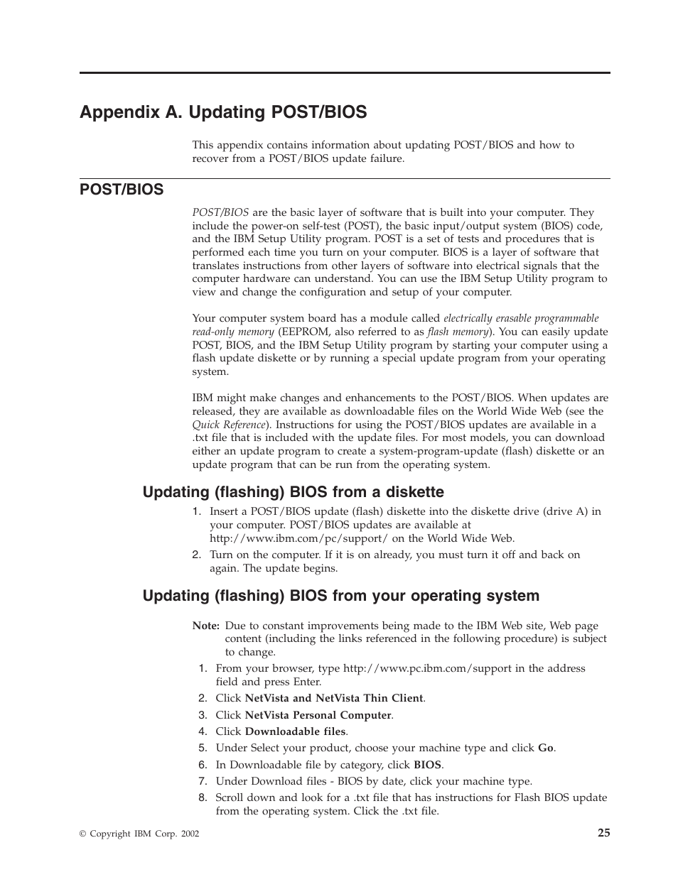 Appendix a. updating post/bios, Post/bios, Updating (flashing) bios from a diskette | IBM NETVISTA 8318 User Manual | Page 37 / 52