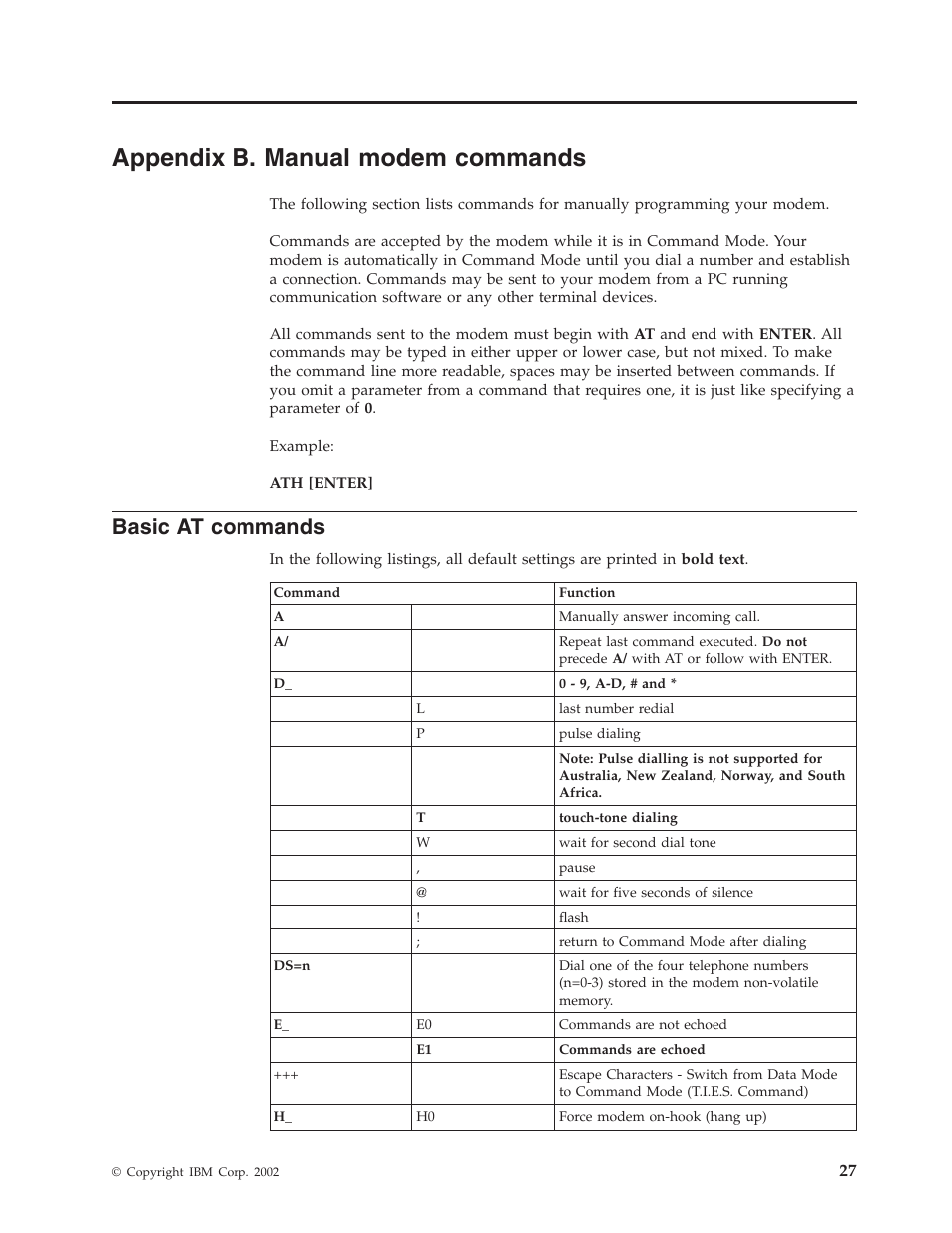 Appendix b. manual modem commands, Basic at commands | IBM NETVISTA 8318 User Manual | Page 39 / 52