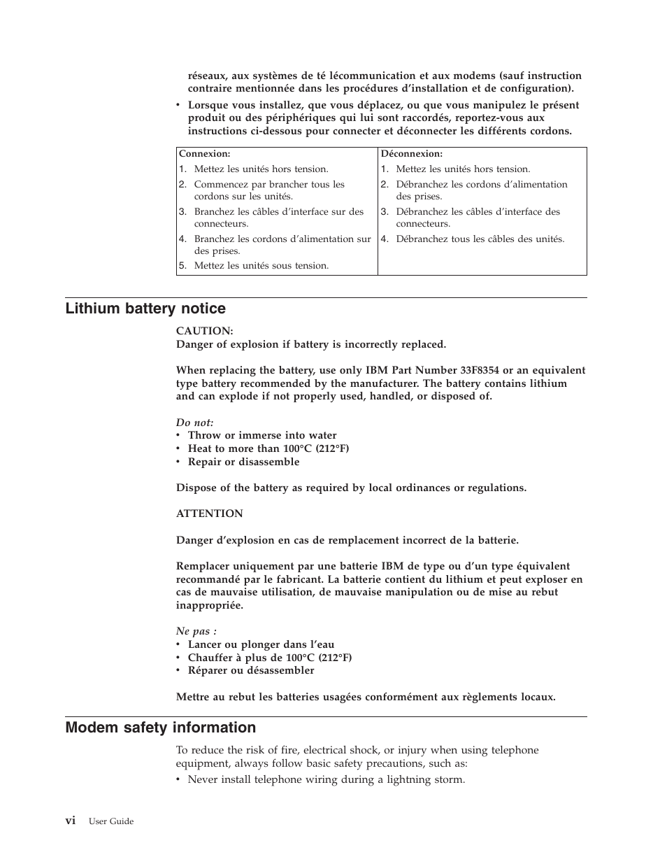 Lithium battery notice, Modem safety information | IBM NETVISTA 8318 User Manual | Page 8 / 52