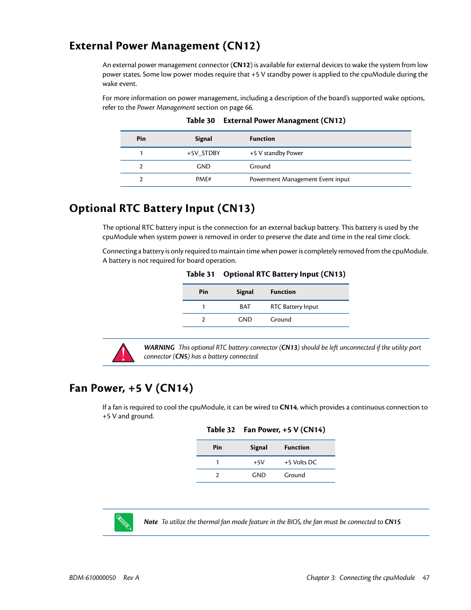 External power management (cn12), Optional rtc battery input (cn13), Fan power, +5 v (cn14) | IBM CMX58886CX User Manual | Page 55 / 110