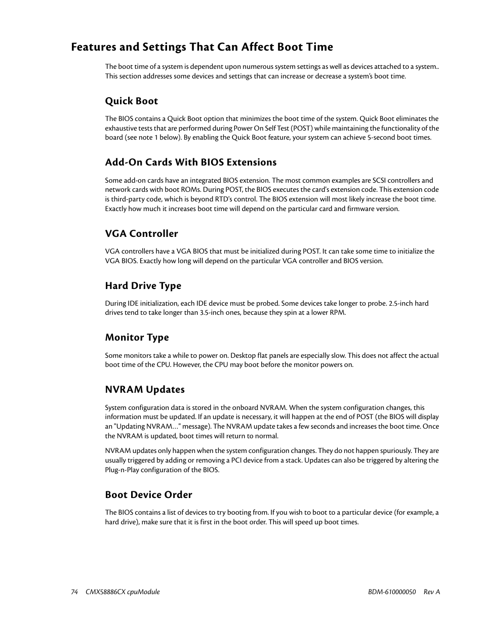 Features and settings that can affect boot time, Quick boot, Add-on cards with bios extensions | Vga controller, Hard drive type, Monitor type, Nvram updates, Boot device order | IBM CMX58886CX User Manual | Page 82 / 110