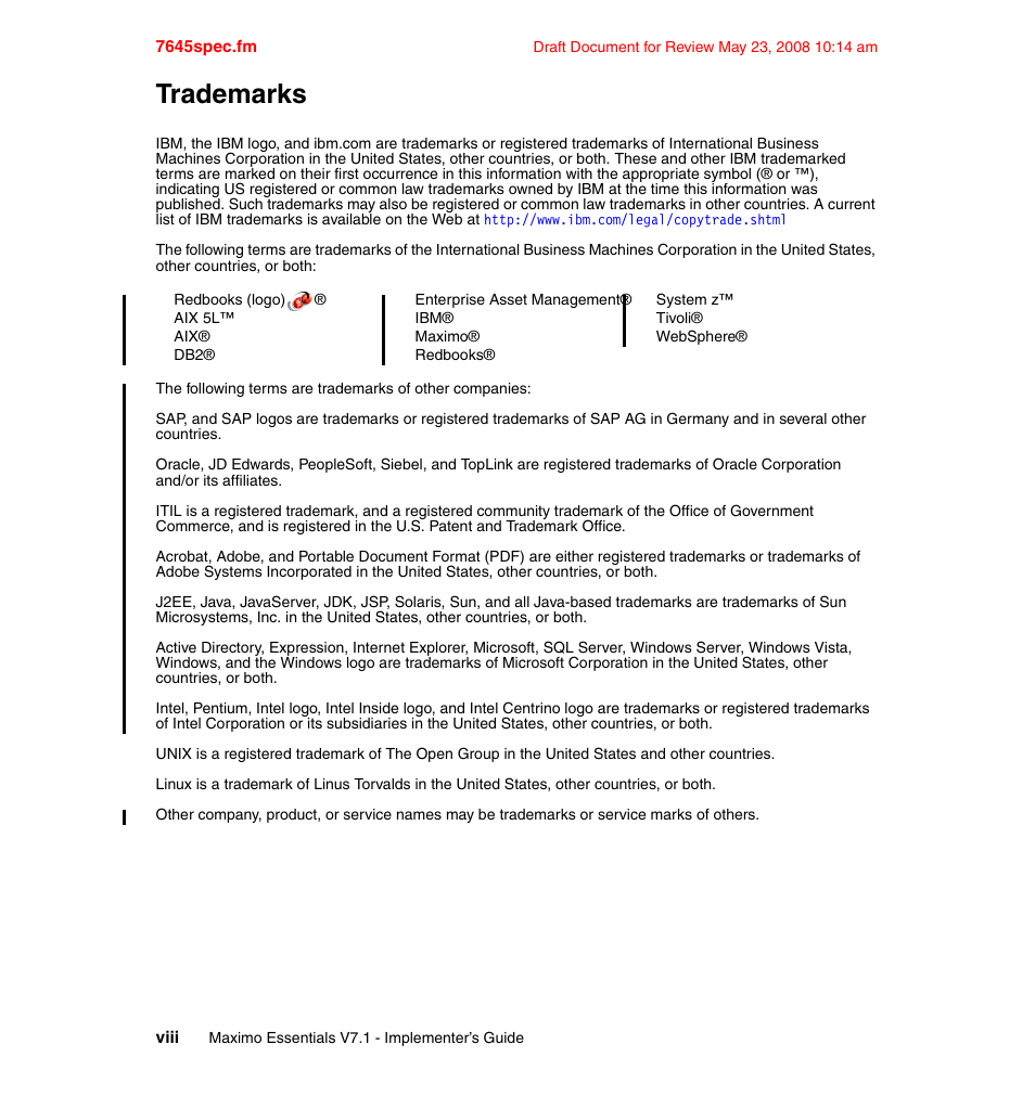 Trademarks | IBM MAXIMO SG24-7645-00 User Manual | Page 10 / 152