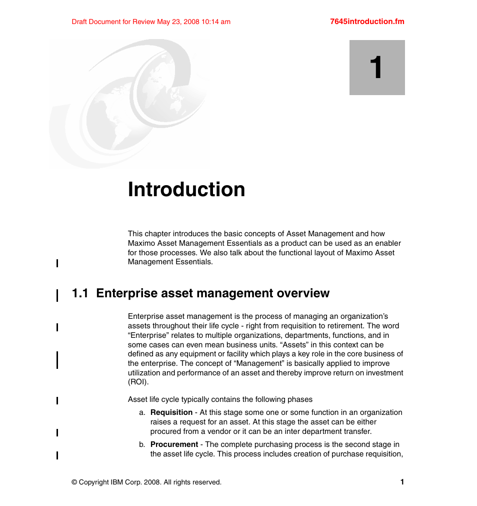 Chapter 1. introduction, 1 enterprise asset management overview, Introduction | IBM MAXIMO SG24-7645-00 User Manual | Page 15 / 152