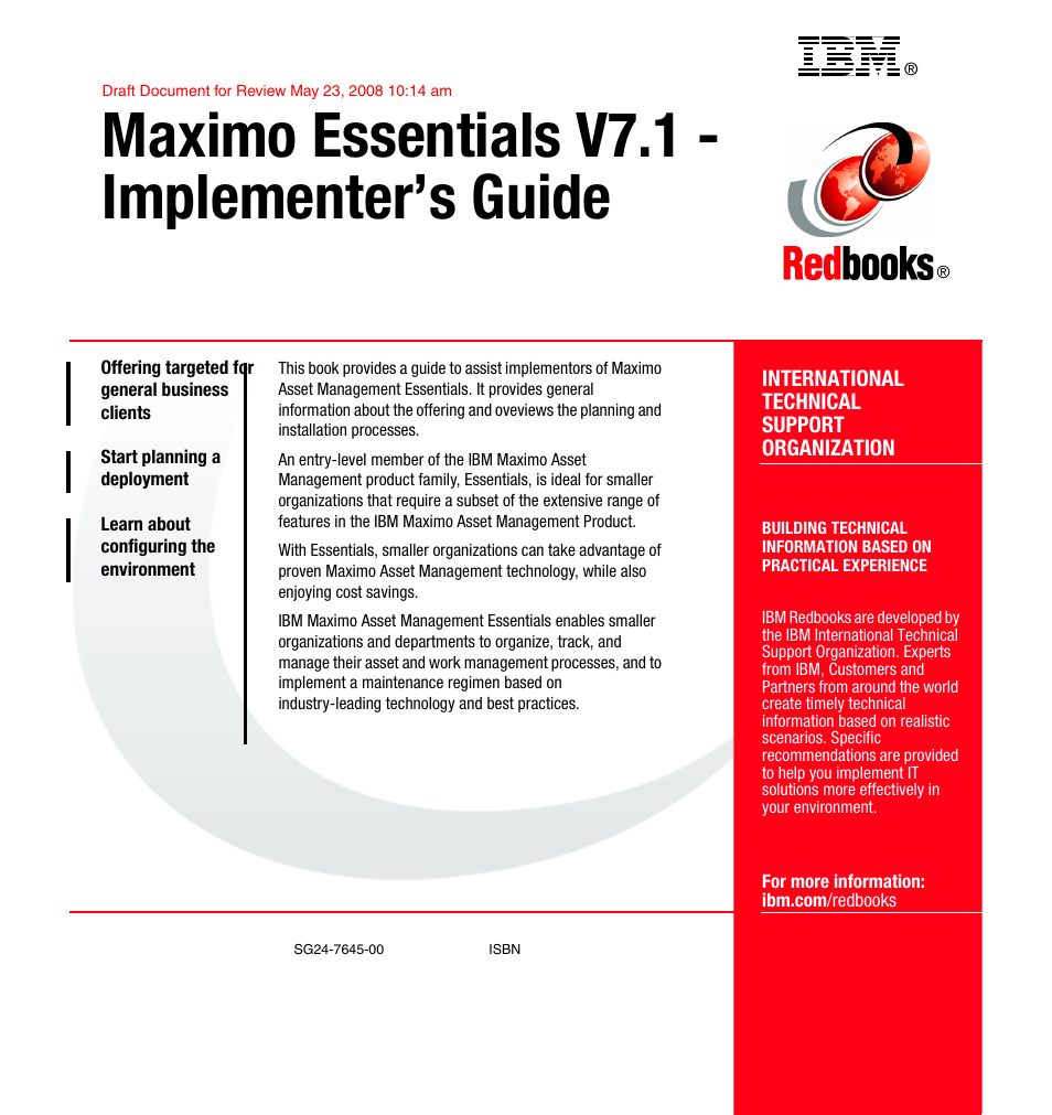 Back cover, Maximo essentials v7.1 - implementer’s guide | IBM MAXIMO SG24-7645-00 User Manual | Page 152 / 152