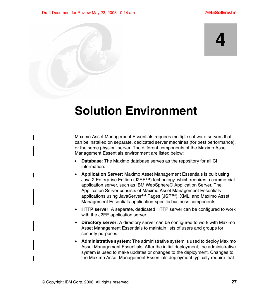 Chapter 4. solution environment, Solution environment | IBM MAXIMO SG24-7645-00 User Manual | Page 41 / 152