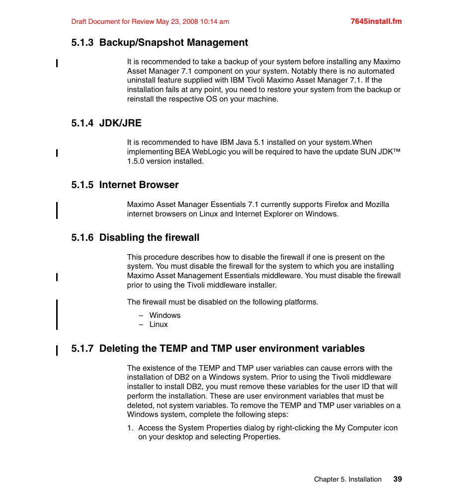 3 backup/snapshot management, 4 jdk/jre, 5 internet browser | 6 disabling the firewall | IBM MAXIMO SG24-7645-00 User Manual | Page 53 / 152