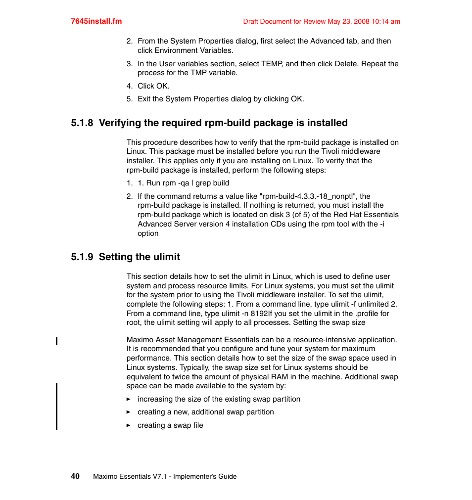 9 setting the ulimit | IBM MAXIMO SG24-7645-00 User Manual | Page 54 / 152