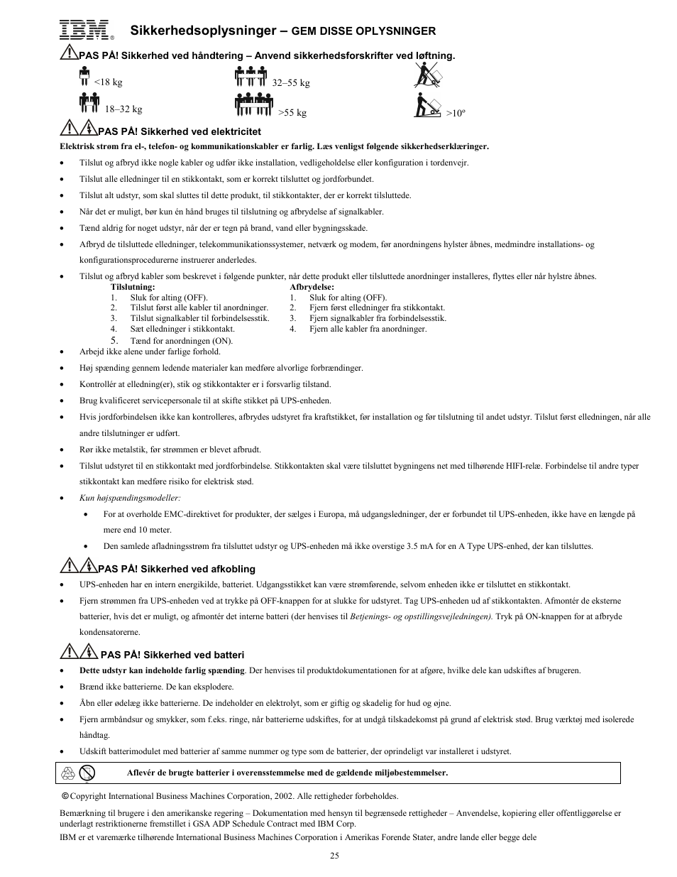 Sikkerhedsoplysninger | IBM UPS750TLV User Manual | Page 29 / 68