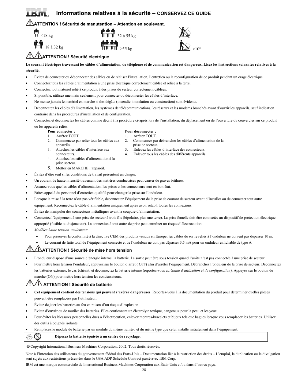 Informations relatives à la sécurité | IBM UPS750TLV User Manual | Page 32 / 68