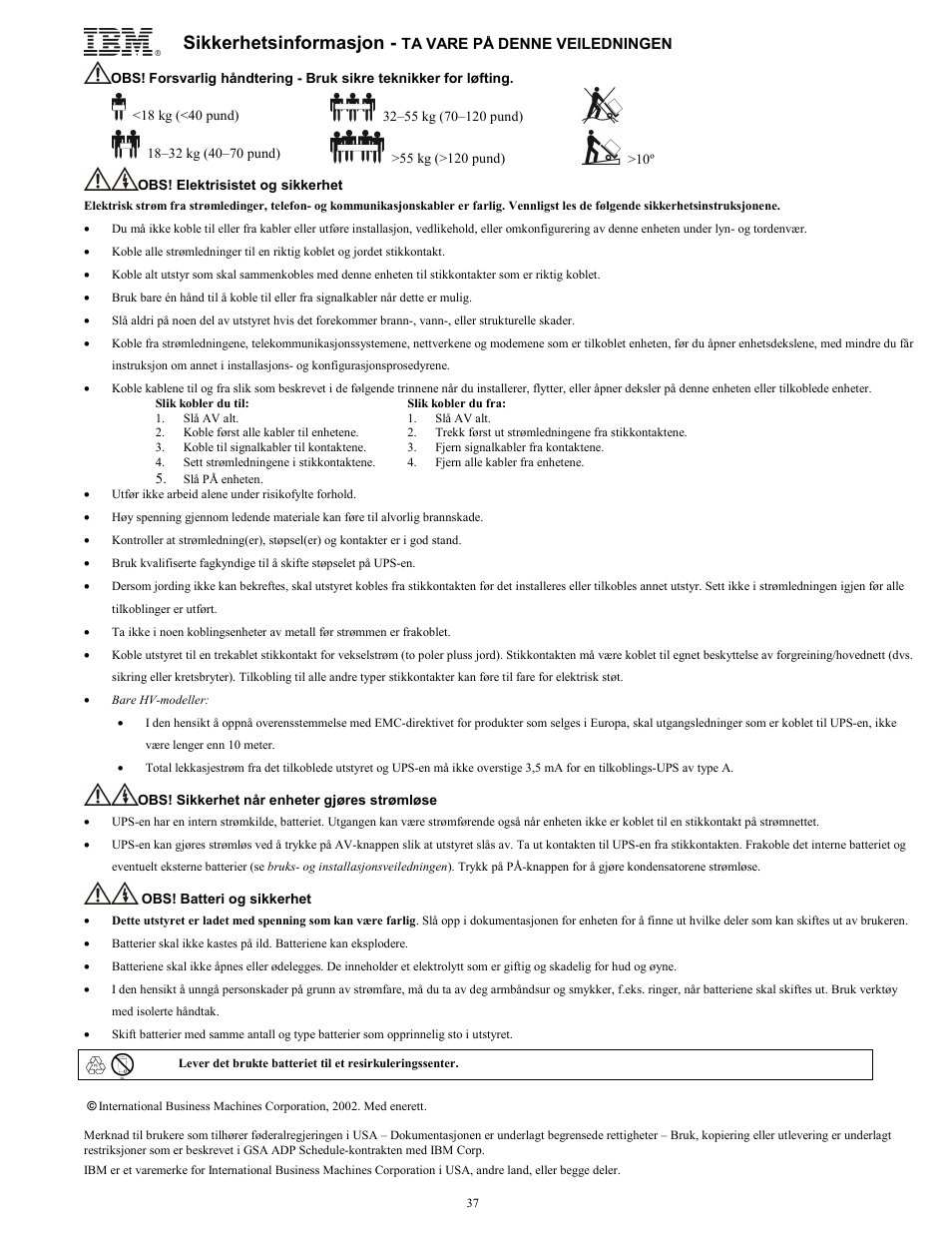 Sikkerhetsinformasjon | IBM UPS750TLV User Manual | Page 41 / 68
