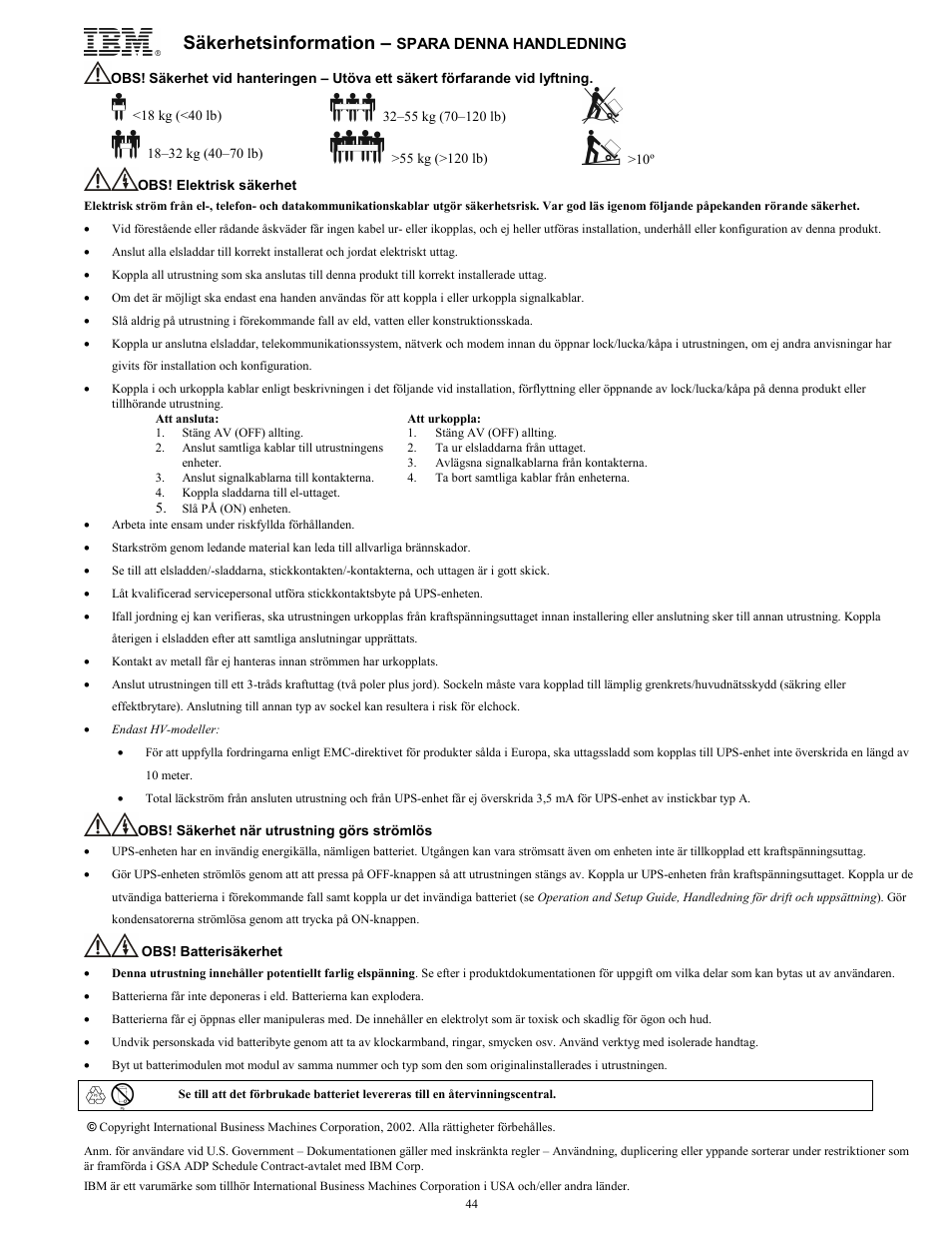 Säkerhetsinformation | IBM UPS750TLV User Manual | Page 48 / 68