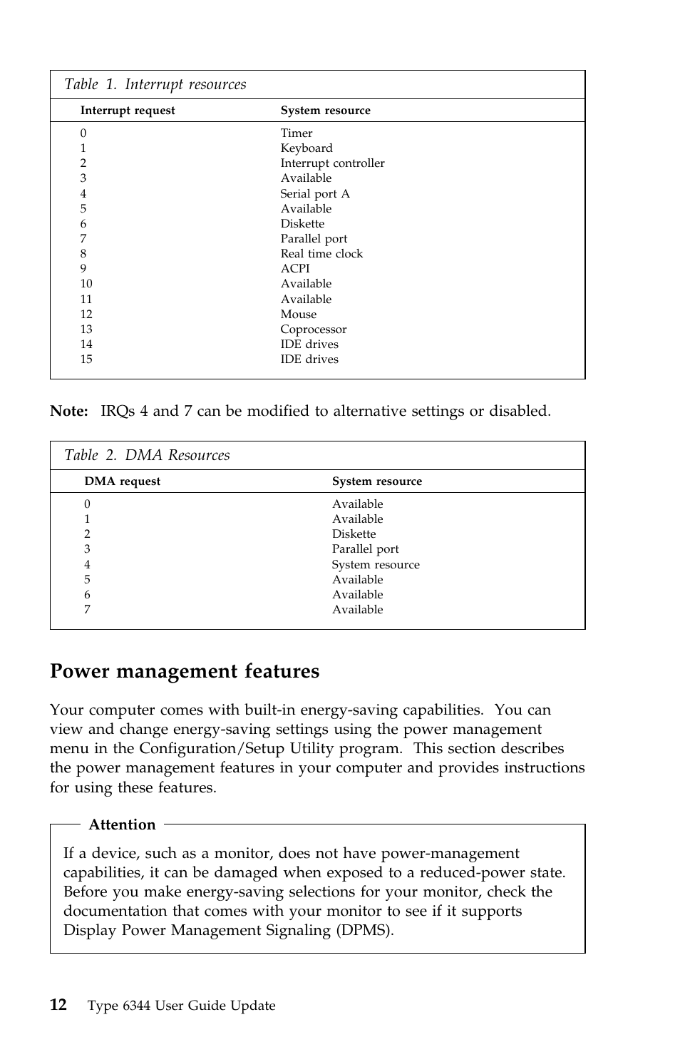 Power management features, Table 2. dma resources | IBM 2196 User Manual | Page 200 / 208