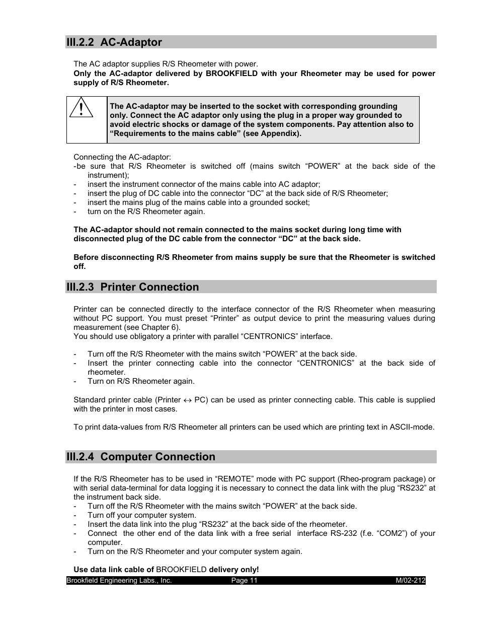 Iii.2.2 ac-adaptor, Iii.2.3 printer connection, Iii.2.4 computer connection | IBM R/S Rheometer M/02-212 User Manual | Page 11 / 65